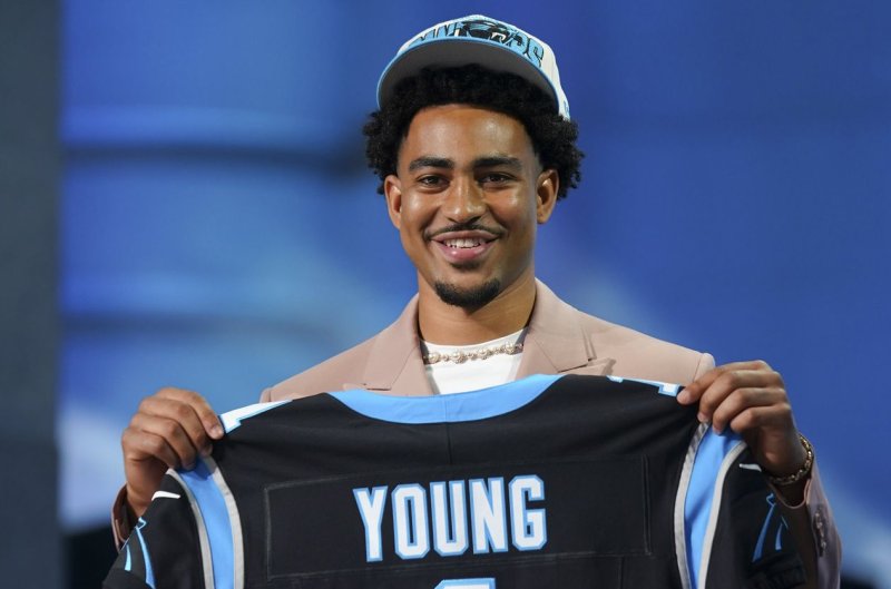 Former Alabama quarterback Bryce Young poses for a photo after being picked No. 1 in the 2023 NFL Draft on Thursday at Union Station in Kansas City, Mo. Photo by Kyle Rivas/UPI