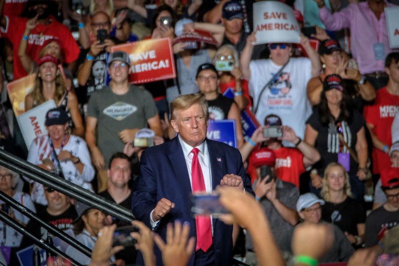Former President Donald Trump speaks to supporters during a rally in Wisconsin in August. File Photo by Alex Wroblewski/UPI | <a href="/News_Photos/lp/b4873814e26f795dedf3519e05c61df9/" target="_blank">License Photo</a>