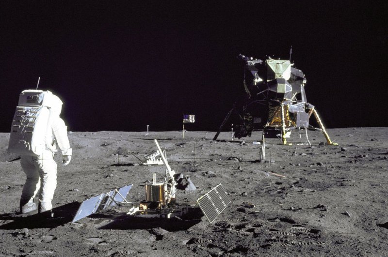 Astronaut Edwin E."Buzz" Aldrin Jr. is seen during the Apollo 11 extravehicular activity on the surface of the moon on July 20, 1969. While Aldrin, Neil Armstrong and Michael Collins brought back nearly 50 pounds of rock samples, making it to the moon was the primary scientific objective of the Apollo 11 mission. File Photo by NASA