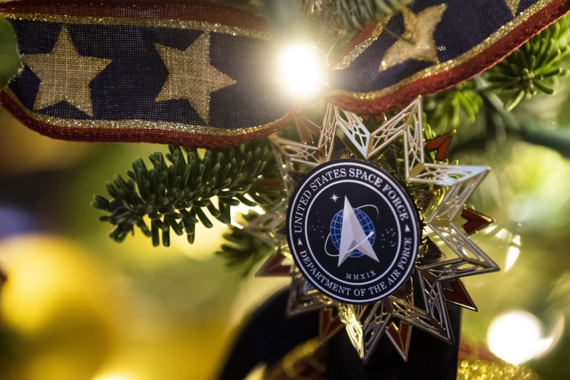 A Space Force Christmas ornament is displayed on a Christmas tree at the White House in Washington, D.C., on November 30. Photo by Kevin Dietsch/UPI | <a href="/News_Photos/lp/a8341425ff646c6d6a41a6de7a139ac5/" target="_blank">License Photo</a>