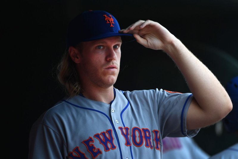 New York Mets starting pitcher Noah Syndergaard, shown Sept. 2, 2019, was pulled from his second rehab start Tuesday after just one inning due to right elbow inflammation. File Photo by Kevin Dietsch/UPI | <a href="/News_Photos/lp/a4eae1c3bf5c919c674832f09d89ae6e/" target="_blank">License Photo</a>