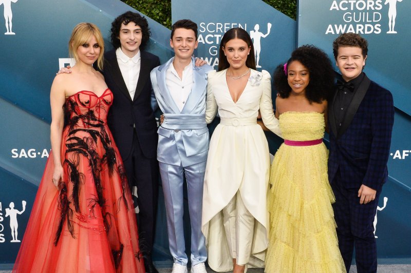 "Stranger Things," a sci-fi horror series starring Cara Buono, Finn Wolfhard, Noah Schnapp, Millie Bobby Brown, Priah Ferguson and Gaten Matarazzo, from left to right, will return for a fourth season in May. File Photo by Jim Ruymen/UPI | <a href="/News_Photos/lp/0abbb1d5435beefe4b2986ab9cf1bfcb/" target="_blank">License Photo</a>