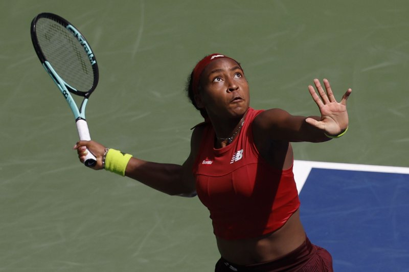 Coco Gauff prepares to return a ball to Jelena Ostapenko of Latvia at the 2023 U.S. Open on Tuesday in Flushing, N.Y. Photo by John Angelillo/UPI