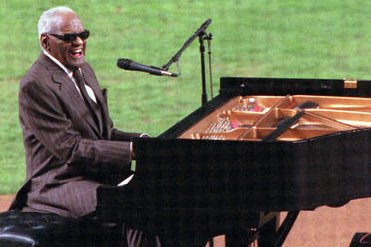 Ray Charles sings "America the Beautiful" prior to the start of the second game of the World Series between the New York Yankees and the Arizona Diamondbacks in October 2001. File Photo by Will Powers/UPI