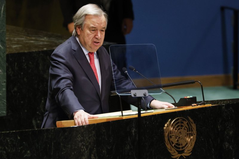 United Nations Secretary-General Antonio Guterres speaks during the 11th Emergency Session of the United Nations on February 22, 2023. He addressed the need for global warming action with the Intergovernmental Panel on Climate Change on Monday. File Photo by John Angelillo/UPI