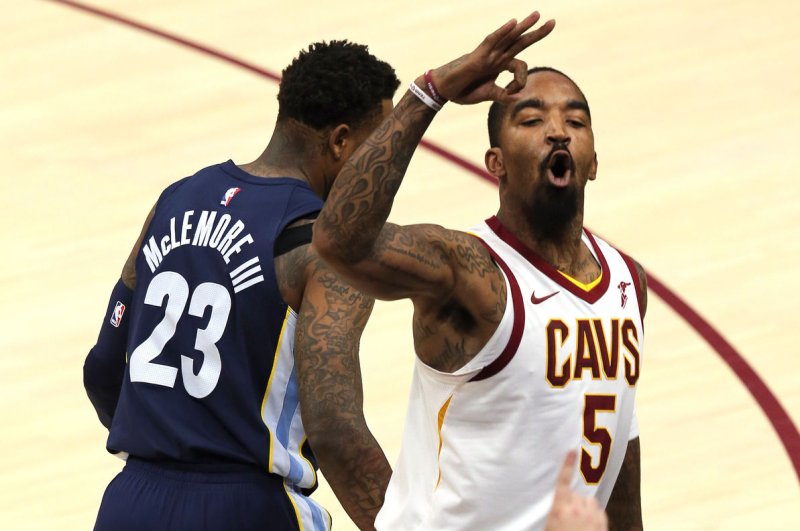 Cleveland Cavaliers guard J.R. Smith reacts after hitting a three-point shot during the first half on December 2, 2017 at Quicken Loans Arena in Cleveland. Photo by Aaron Josefczyk/UPI | <a href="/News_Photos/lp/e088ddb08277896c122e1ee4780ef3c8/" target="_blank">License Photo</a>