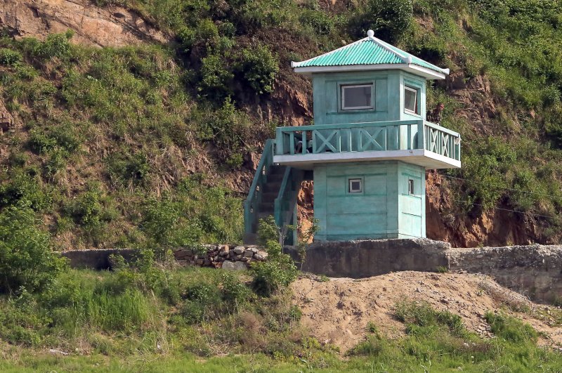 A North Korean guard tower overlooks the border near the North Korean city Sinuiju, across the Yalu River from Dandong, China's largest border city with North Korea. Pyongyang was engaged in some form of activity at the Yongbyon, a major nuclear facility, according to analysts. Photo by Stephen Shaver/UPI