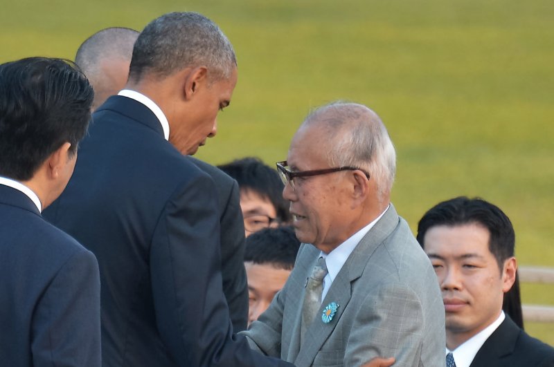 U.S. President Barack Obama meets with Hiroshima atomic bomb survivor Shigeaki Mori, 79, after laying a wreath at the Hiroshima Peace Memorial Park in Hiroshima, Japan, on Friday. Mori was just 8 when the "Little Boy" atomic bomb, the first nuclear weapon ever used in an attack, was dropped the morning of Aug. 6, 1945, which helped bring an end to World War II. Photo by Keizo Mori/UPI