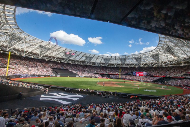 Nearly 60,000 fans attended each game of the last London Series, which featured the New York Yankees and Boston Red Sox in 2019 at London Stadium. File Photo by Mark Thomas/UPI