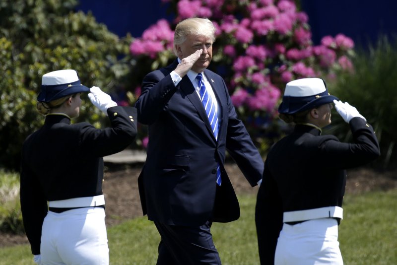 President Donald Trump delivers a commencement address at the U.S. Coast Guard Academy in New London, Conn., on Wednesday. Photo by John Angelillo/UPI | <a href="/News_Photos/lp/6644ad8228bf2f2aa2f8c33bf4ad1514/" target="_blank">License Photo</a>