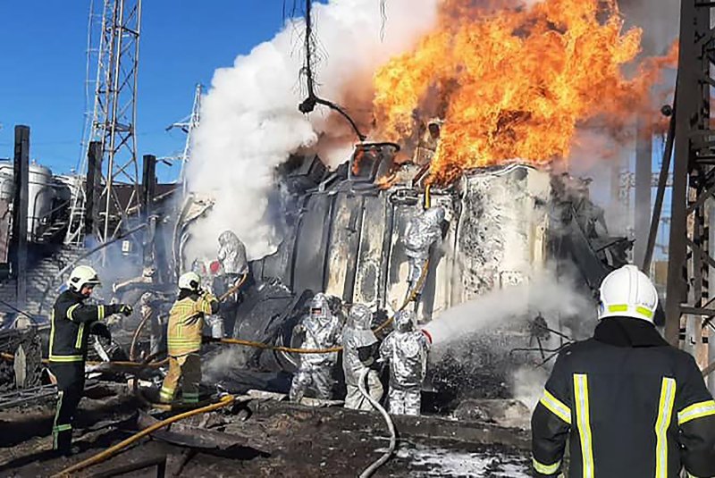 Firefighters conduct work after a Russian attack targeted energy infrastructure in Kyiv, Ukraine on Tuesday. Photo by State Emergency Service of Ukraine/UPI