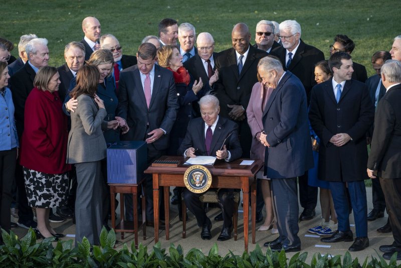 President Joe Biden signs the $1.2 trillion bipartisan Infrastructure Investment and Jobs Act into law on the South Lawn of the White House in Washington D.C., on Monday. Photo by Sarah Silbiger/UPI | <a href="/News_Photos/lp/8b1f308bee48b5b1f54b88012562ffd4/" target="_blank">License Photo</a>