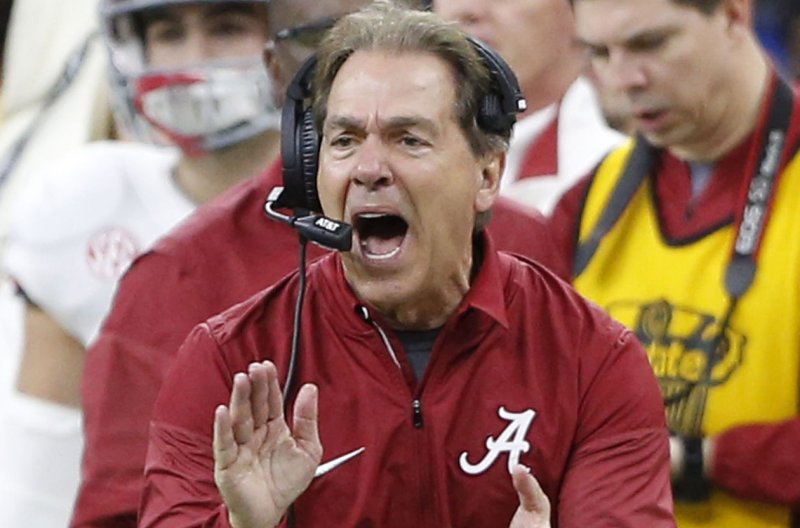 Alabama head coach Nick Saban can make history with a record seventh national title if the Crimson Tide beat Ohio State in the CFP National Championship game Monday in Miami Gardens, Fla. File Photo by AJ Sisco/UPI