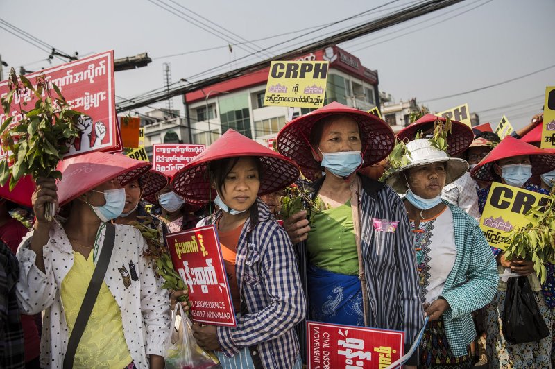 Activists in Mandalay, Myanmar, are seen during a protest against the military coup on February 28. Since the coup on February 1, military forces have cracked down on opposition. File Photo by Xiao Long/UPI | <a href="/News_Photos/lp/efa3c62352f6cb3da3ee2908b5c9a2e0/" target="_blank">License Photo</a>