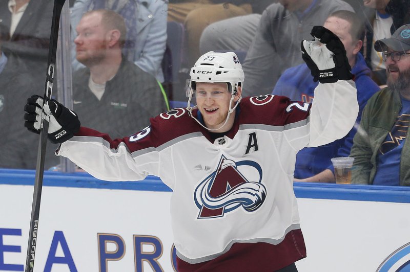 Colorado Avalanche center Nathan MacKinnon scored twice in a 7-1 Game 5 win Wednesday over the Arizona Coyotes to help his team advance to the Western Conference semifinals in the Stanley Cup playoffs. File Photo by Bill Greenblatt/UPI