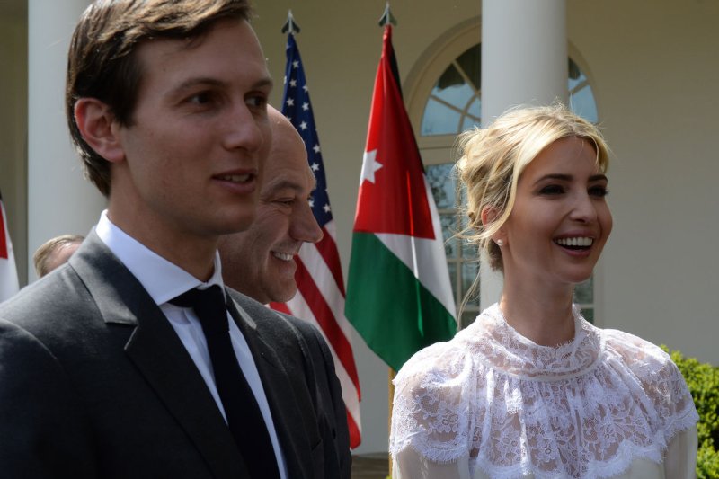 Jared Kushner and Ivanka Trump appear at a joint news conference with President Donald Trump and King Abdullah II of Jordan in the Rose Garden of the White House on April 5. On Saturday, Kushner's sister, Nicole Kushner Meyer, made a pitch to attract $150 million in financing for a Jersey City housing development, known as One Journal Square, to more than 100 Chinese investors in Beijing. Photo by Pat Benic/UPI | <a href="/News_Photos/lp/26fe6becd8ce026c07098739ccc79708/" target="_blank">License Photo</a>