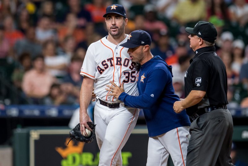 Houston Astros pitcher Justin Verlander (L) allowed four hits and had four strikeouts in 5.1 scoreless innings against the Tampa Bay Rays Tuesday at Minute Maid Park in Houston. Photo by Trask Smith/UPI | <a href="/News_Photos/lp/6906ffe4c98f242e1bf28be10589be27/" target="_blank">License Photo</a>