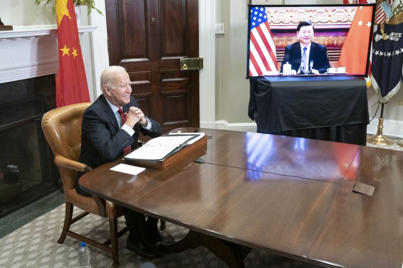 President Joe Biden during a virtual summit with Chinese President Xi Jinping in the White House on Nov. 15, 2021. A White House readout of Biden's Thursday talk with Xi said Biden told Xi the United States strongly opposes efforts to change the Taiwan status quo. Photo by Sarah Silbiger/UPI | <a href="/News_Photos/lp/3512e2e90cd1b35f6a75e38ed131b308/" target="_blank">License Photo</a>