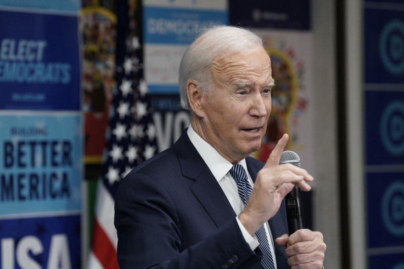 President Joe Biden speaks Monday at the Democratic National Committee headquarters in Washington. Photo by Yuri Gripas/UPI