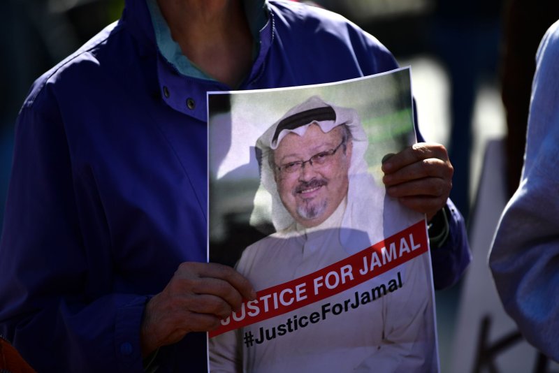 Protesters demonstrate outside the White House on October 19 to call attention to the disappearance of Saudi Arabian journalist Jamal Khashoggi. Photo by Kevin Dietsch/UPI | <a href="/News_Photos/lp/4a1ddd34a378fb5011e702795ace57b7/" target="_blank">License Photo</a>