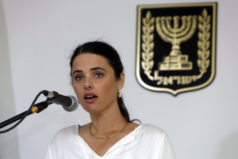 Israel's newly-appointed Justice Minister Ayelet Shaked makes comments during a ceremony welcoming her at the justice ministry on May 17, 2015 in Jerusalem. Shaked said she would not let Israel's supreme court "eat away at the legal authority of the legislative and executive branches" and sought "the right balance between the branches." Pool photo by Gali Tibbon/UPI