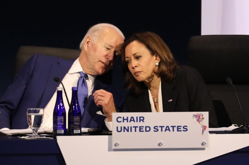 President Joe Biden and Vice President Kamala Harris attend the plenary at the Summit of the Americas in Los Angeles, on Thursday. Biden is expected to sign a declaration addressing migration on Friday. Photo by David Swanson/UPI | <a href="/News_Photos/lp/662754b75adb5afcf1d92a7029ced039/" target="_blank">License Photo</a>
