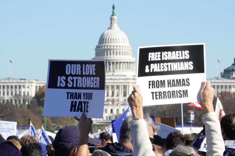Demonstrators gather to denounce anti-Semitism at a "March for Israel" on the National Mall in Washington on Tuesday. Photo by Pat Benic/UPI