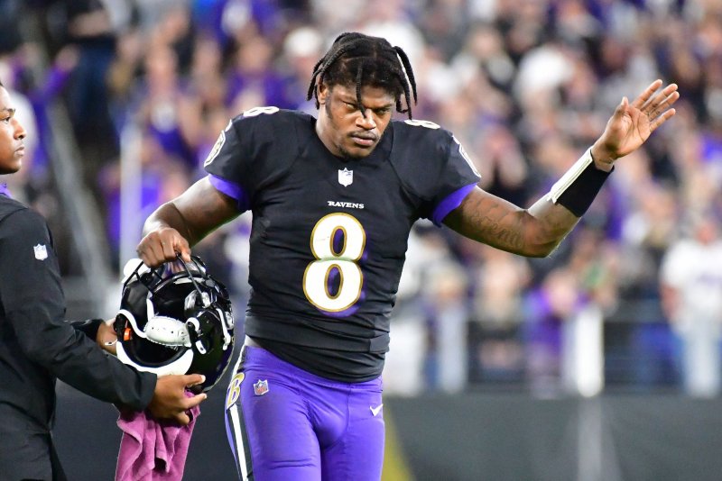 Baltimore Ravens quarterback Lamar Jackson (8), shown Oct. 11, 2021, has totaled 2,447 passing yards and 639 rushing yards this season. File Photo by David Tulis/UPI | <a href="/News_Photos/lp/ac005740f93ca0aba129d25ff28d35d8/" target="_blank">License Photo</a>