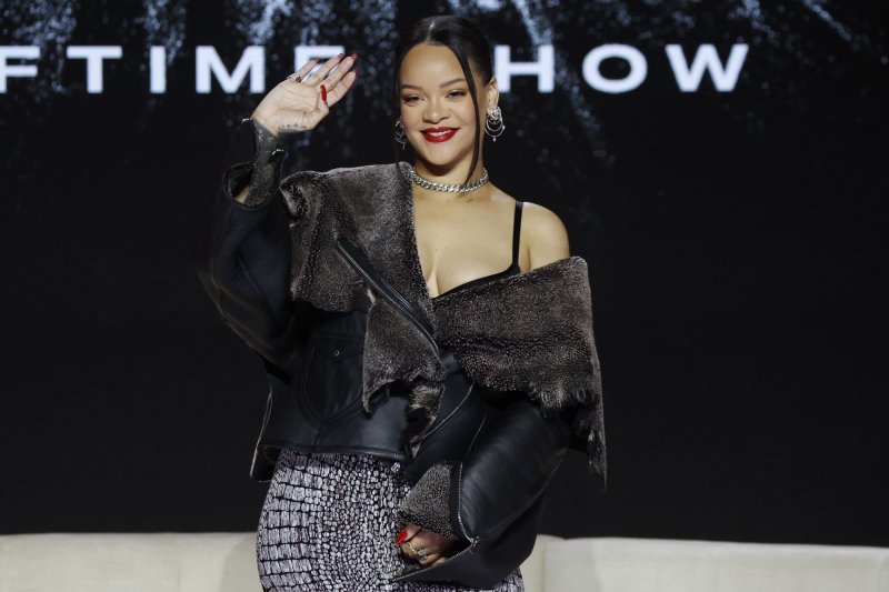 Super Bowl LVII halftime show performer Rihanna speaks at a news conference Thursday at the Phoenix Convention Center. Photo by John Angelillo/UPI