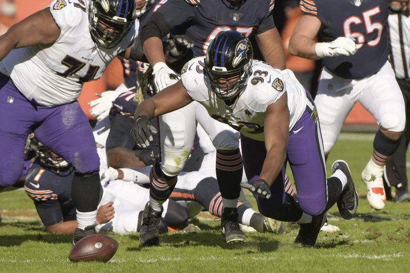The Baltimore Ravens released defensive end Calais Campbell (93) in mid-March. File Photo by Mark Black/UPI