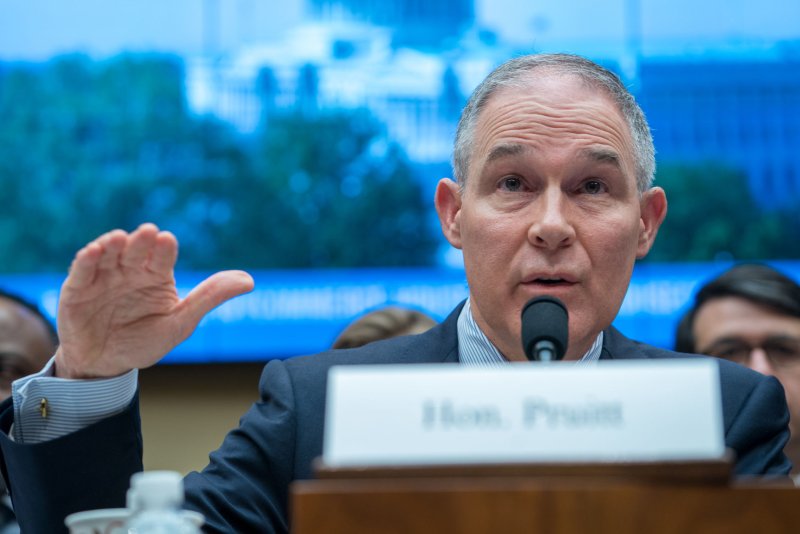EPA Administrator Scott Pruitt testifies Thursday before the House Environment Subcommittee in the Rayburn House Office Building in Washington, D.C. Photo by Ken Cedeno/UPI | <a href="/News_Photos/lp/43c5f7bad7693f95c14437e88b805121/" target="_blank">License Photo</a>