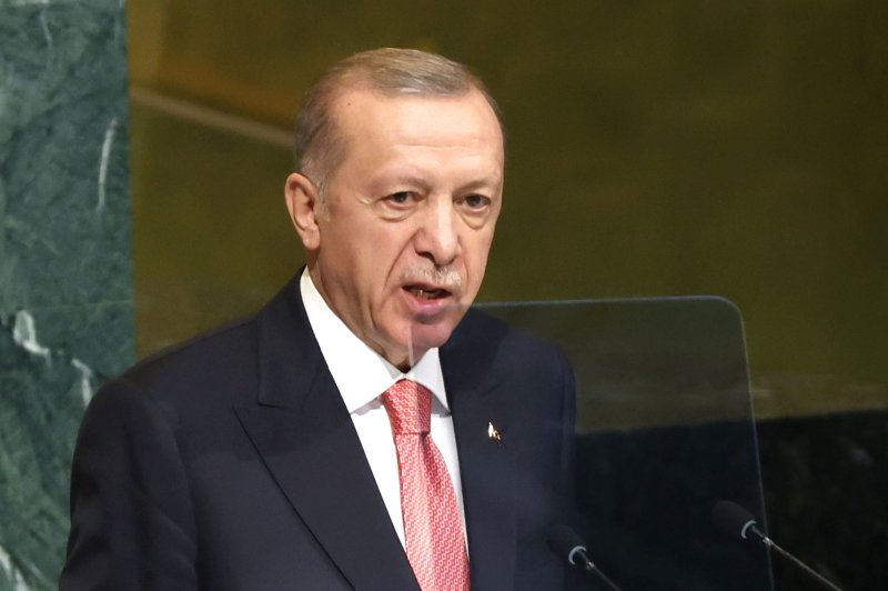President of the Republic of Turkey Recep Tayyip Erdogan speaks at the U.N. General Assembly's 77th session General Debate at the United Nations Headquarters in New York on Tuesday. Photo by John Angelillo/UPI
