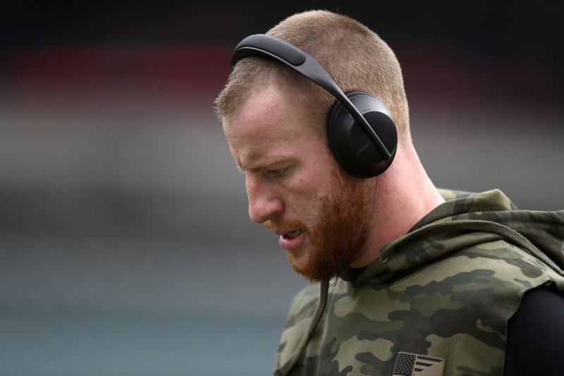 Indianapolis Colts quarterback Carson Wentz, shown Nov. 17, 2019, suffered the foot injury near the end of Thursday's practice. He is expected to see a foot specialist in the future. File Photo by Derik Hamilton/UPI | <a href="/News_Photos/lp/023cdf63a99360d277c851c729ba7f7e/" target="_blank">License Photo</a>