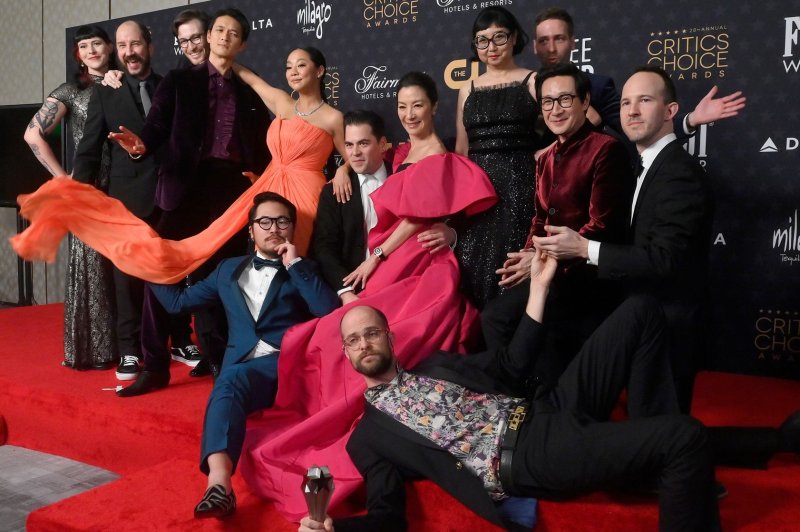 The stars of "Everything Everywhere All at Once" pose with their awards at the Critics' Choice Awards on January 15, 2023. The film been nominated for a leading 11 Oscars. File Photo by Jim Ruymen/UPI