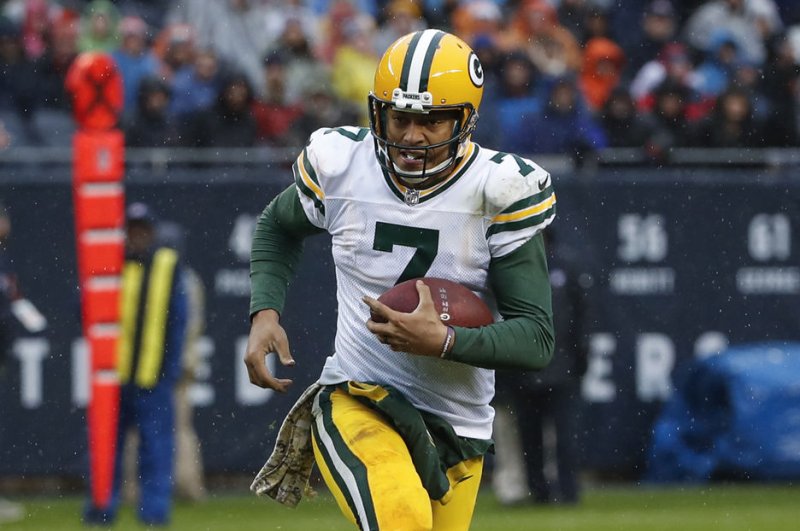 Green Bay Packers quarterback Brett Hundley (7) rushes against the Chicago Bears during the second half at Soldier Field in Chicago on November 12, 2017. File photo by Kamil Krzaczynski/UPI