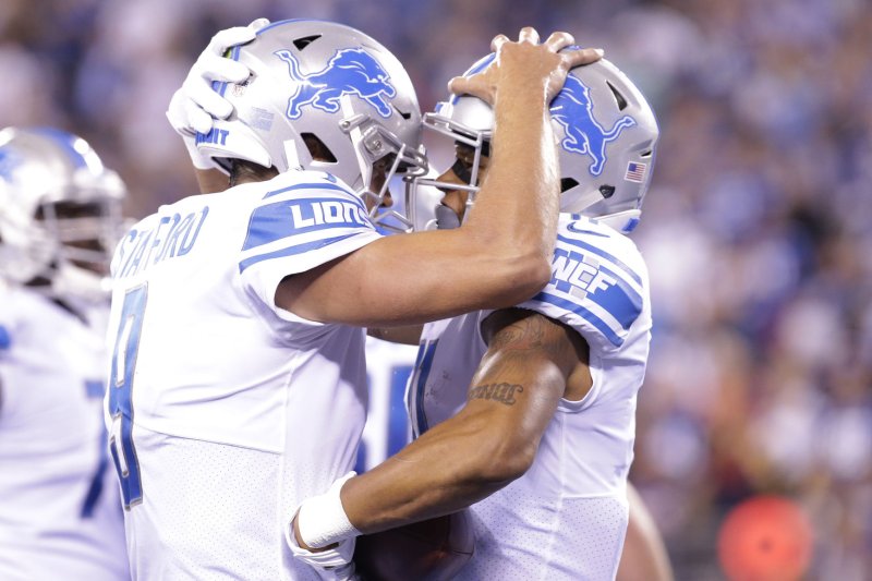 Detroit Lions receiver Marvin Jones Jr. (R) suffered an ankle injury on the team's final drive Sunday against the Minnesota Vikings. File Photo by John Angelillo/UPI | <a href="/News_Photos/lp/941ad2c99dfe5601aab1cfce80cd1831/" target="_blank">License Photo</a>