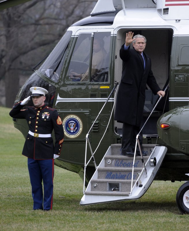 U.S. President George W. Bush departs aboard Marine One on the South Lawn of the White House in Washington en route to Camp David for Christmas on December 21, 2007. (UPI Photo/Roger L. Wollenberg)
