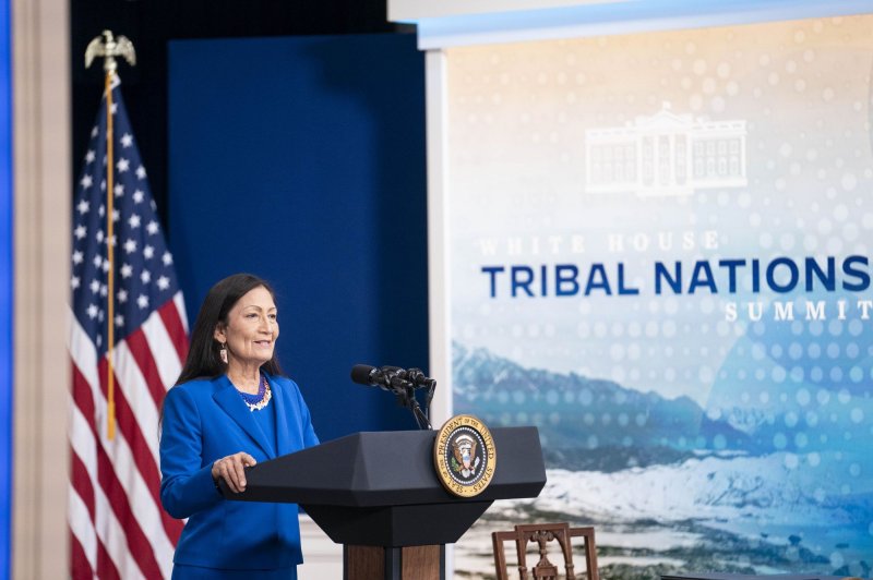 Secretary of the Interior Deb Haaland during a virtual Tribal Nations Summit at Eisenhower Executive Office Building in Washington, D.C., on November 15, 2021. A Department of the Interior report Wednesday found at least 500 children died in the federal Indian boarding schools system in forced cultural assimilation efforts. Photo by Sarah Silbiger/UPI