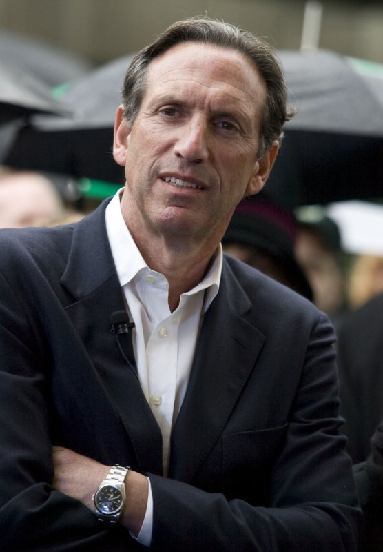 Howard Schultz, Starbucks Coffee Co., chairman, president and chief executive officer, waits to be introduced during ceremonies announcing the much anticipated everyday brew, Pike Place Roast in Seattle, April 8, 2008. (UPI Photo/Jim Bryant)