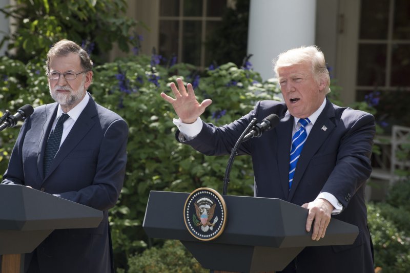 U.S. President Donald Trump makes a comment with Spanish Prime Minister Mariano Rajoy during a joint press conference in the Rose Garden at the White House in Washington, DC on September 26, 2017. Rajoy is in town for a one day meeting with Trump. Photo by Pat Benic/UPI
