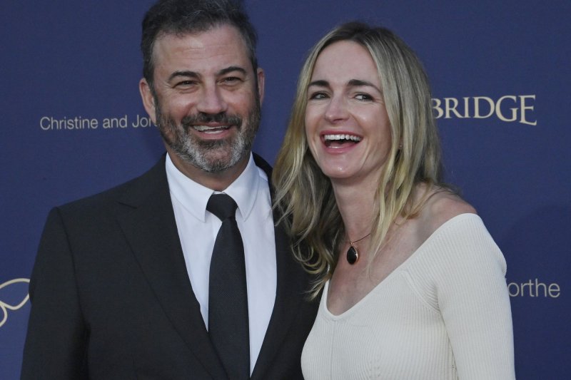 Jimmy Kimmel and Molly McNearney attend the Children's Hospital Los Angeles CHLA gala at Barker Hangar in Santa Monica, Calif., in 2022. Kimmel tested positive for COVID-19 and is canceling his upcoming live shows. File Photo by Jim Ruymen/UPI