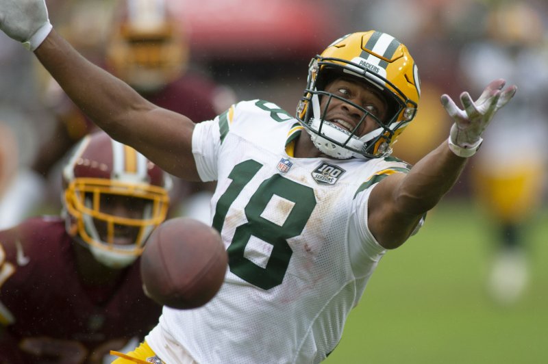 Green Bay Packers receiver Randall Cobb reaches for an overthrown pass during a game against the Washington Redskins at FedEx Field in Landover, Maryland on September 23, 2018. Photo by Alex Edelman/UPI