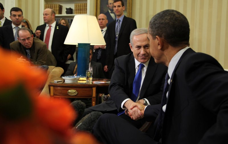 Israeli Prime Minister Benjamin Netanyahu shakes hands with President Barack Obama in the Oval Office of the White House, in Washington, D.C.on March 5, 2012. UPI/Martin H. Simon/Pool