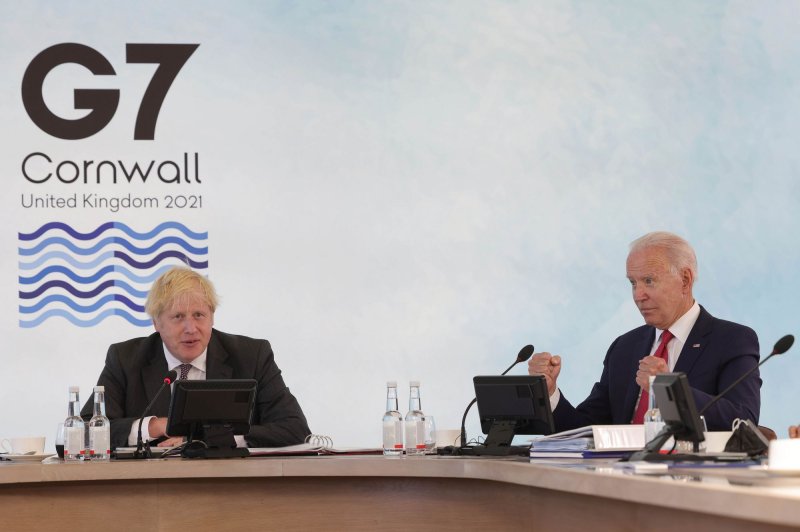 British Prime Minister Boris Johnson and U.S. President Joe Biden during the G7 Summit in Cornwall, United Kingdom in June. The G7 alliance has unanimously warned of consequences if Russia were to attack Ukraine. File Photo by Andrew Parsons/No 10 Downing Street/UPI