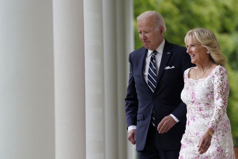 President Joe Biden and first lady Jill Biden are seen walking to the Rose Garden of the White House in Washington, D.C., on May 5. On Tuesday, both visited Buffalo, N.Y., to meet with authorities and relatives of the victims of last weekend's shooting. Photo by Yuri Gripas/UPI