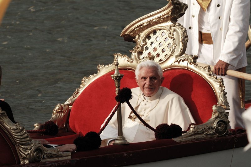 Pope Benedict XVI sits in a gondola in the Grand Canal during his pastoral visit to Aquilea and Venice, Italy on May 8, 2011. UPI/Stefano Spaziani