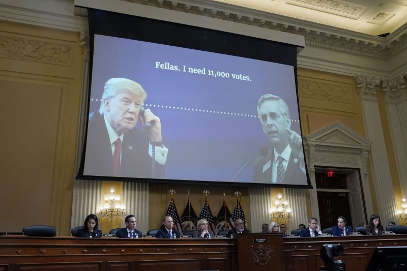 The House Select Committee investigating the Jan. 6 attack on the U.S. Capitol shows a video of former President Donald Trump. Parts of a grand jury report on possible election interference in Georgia will be released Thursday. File Photo by Ken Cedeno/UPI