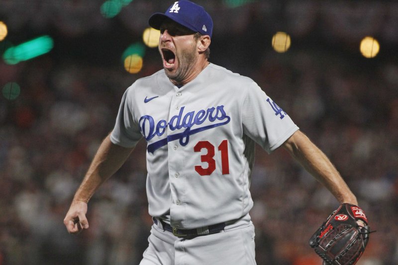 Max Scherzer (pictured), who spent last season with the Los Angeles Dodgers, will join Jacob deGrom atop the New York Mets starting rotation in 2022. File Photo by George Nikitin/UPI