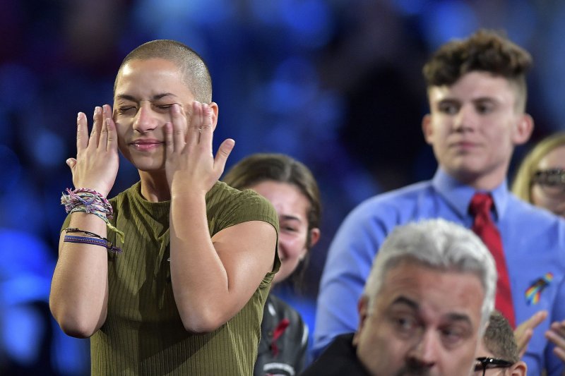 Marjory Stoneman Douglas High School student Emma Gonzalez wiped away tears during a CNN town hall meeting held at the BB&T Center, in Sunrise, Florida a week after the shooting at the Parkland, Fla. school that killed 17 people. Pool Photo by Michael Laughlin/UPI | <a href="/News_Photos/lp/4ee39b276deb807f8e01dbca834c280e/" target="_blank">License Photo</a>