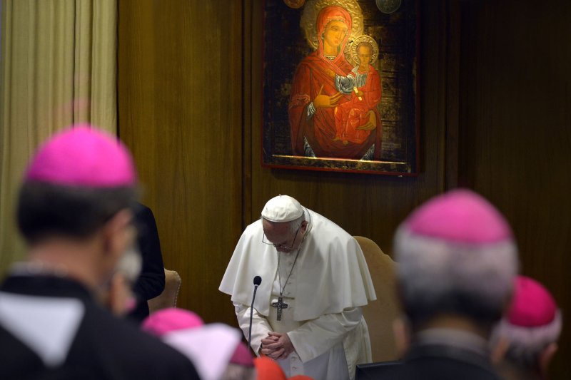 Pope Francis attends a session of The Protection Of Minors In The Church meeting in Vatican City on February 22 The Pope has called a summit of 190 Catholic Church leaders to combat the clergy sexual abuse scandal involving minors. File Photo by Galosi Spaziani/UPI